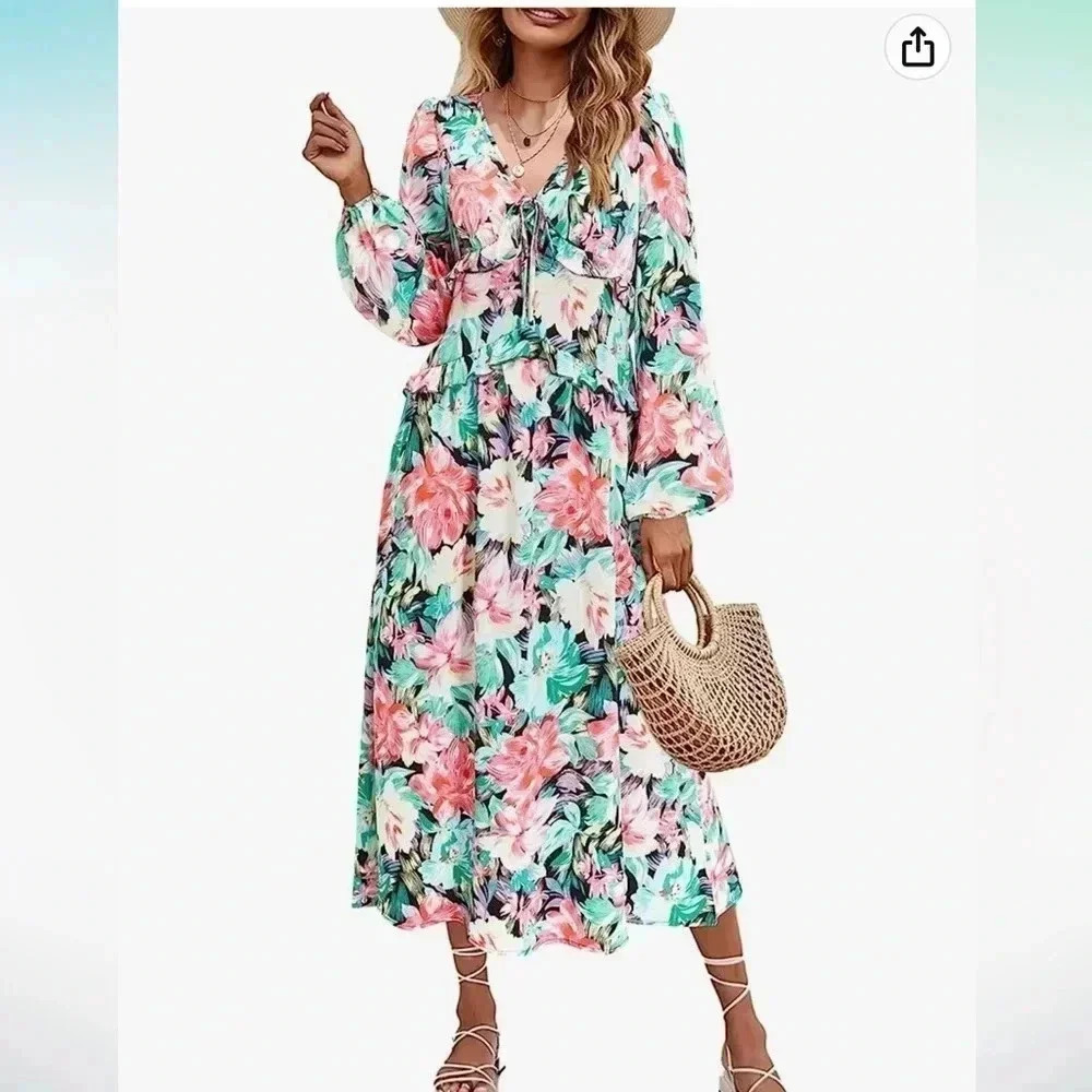 COTTAGECORE FLORAL PINK DRESS LONG SLEEVE BOHO VNECK RUFFLE‎